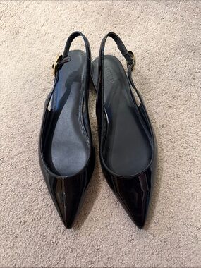 Steve Madden Black Patent Pointed Slingback Flats with Gold Buckle